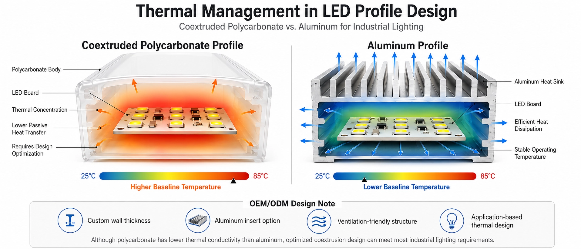 Thermal management analysis of LED boards in coextruded polycarbonate profiles versus aluminum Thermal management analysis of LED boards in coextruded polycarbonate profiles versus aluminum
